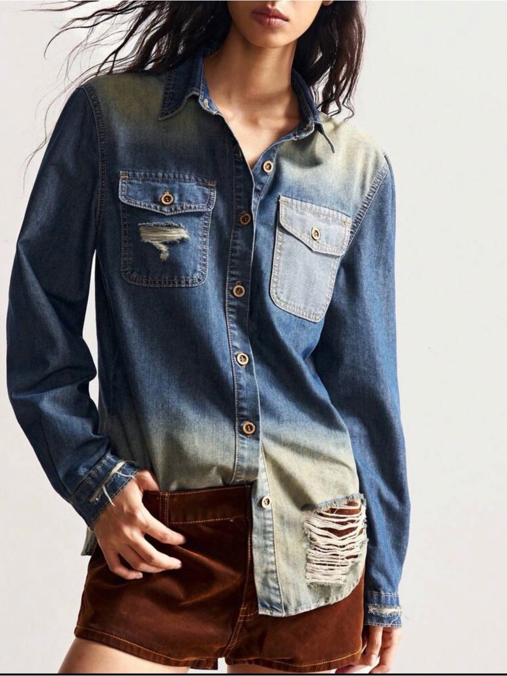 BOUTIQUE DISTRESSED DENIM SHIRT